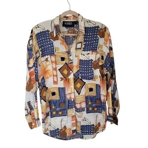 Vintage Rayon Long Sleeve Button Front Blouse Earthy Fall Print